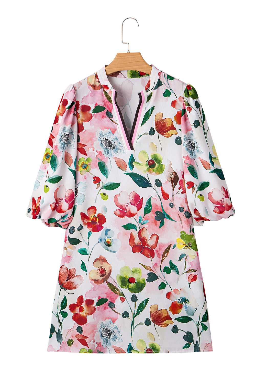 Flat lay of Floral Shift Dress - Casual Elegance on hanger, featuring puff sleeves, contrast neckline, and vibrant floral print.