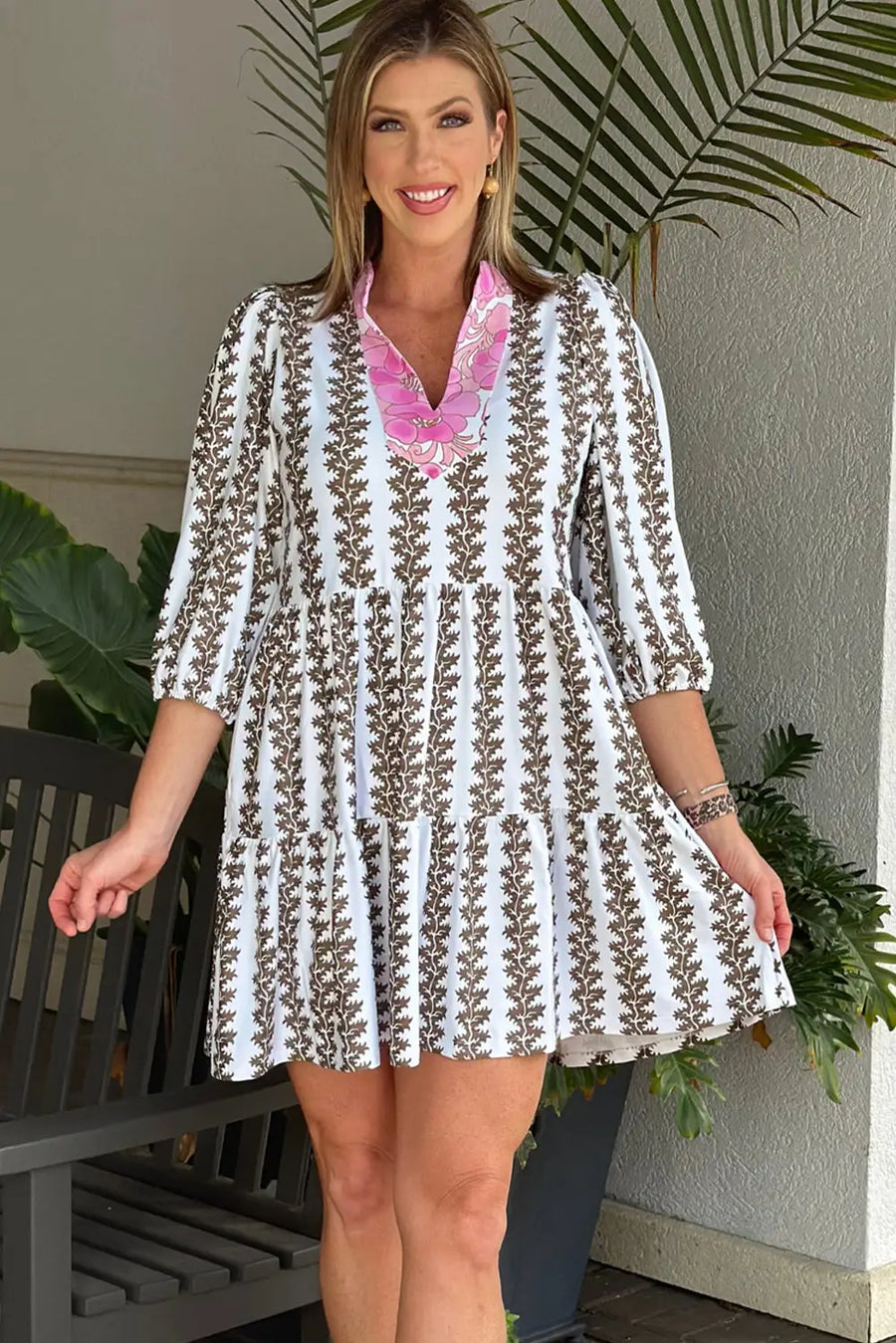 Black Contrast Floral V Neck Bracelet Sleeve Mini Dress Women UK