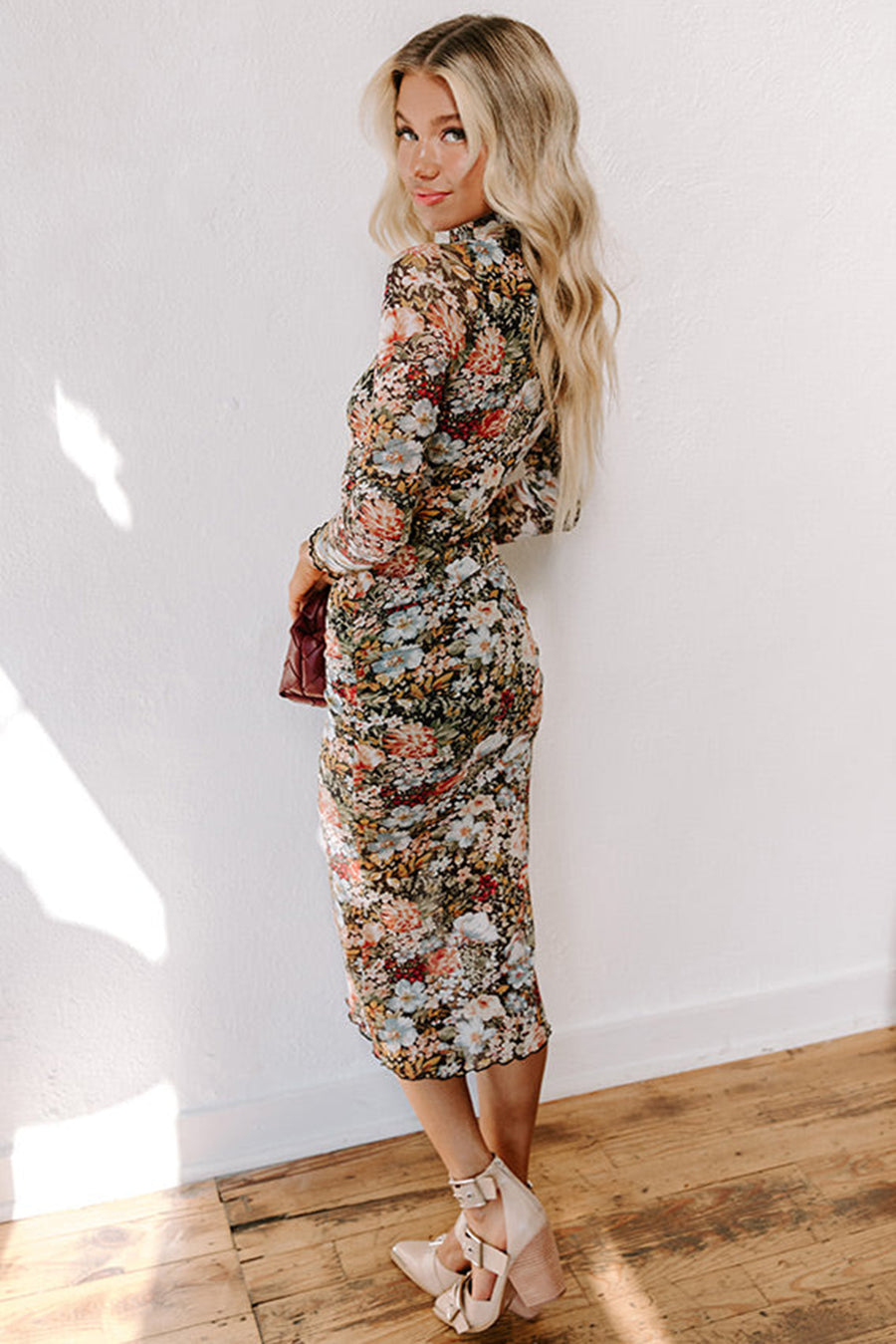 Long sleeve floral bodycon midi dress — back view