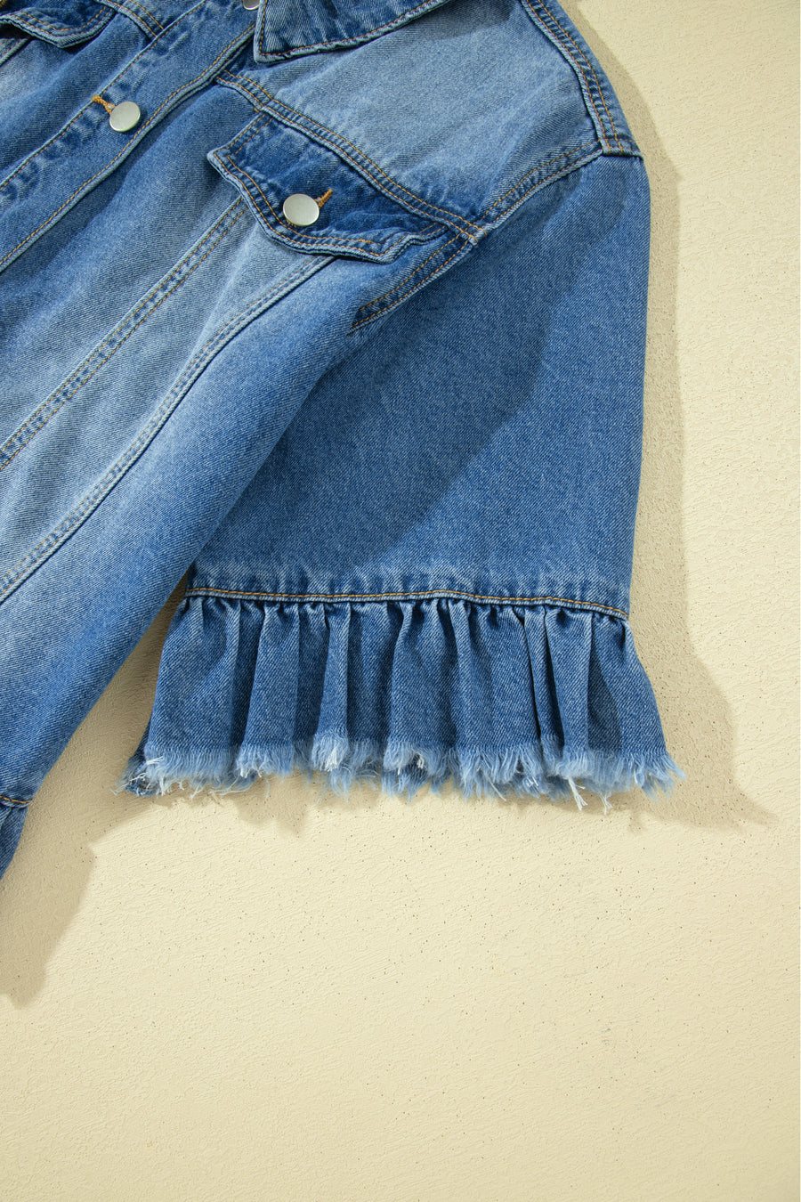 Ruffle Hem Raw Edge Half Sleeve Denim Jacket Women UK