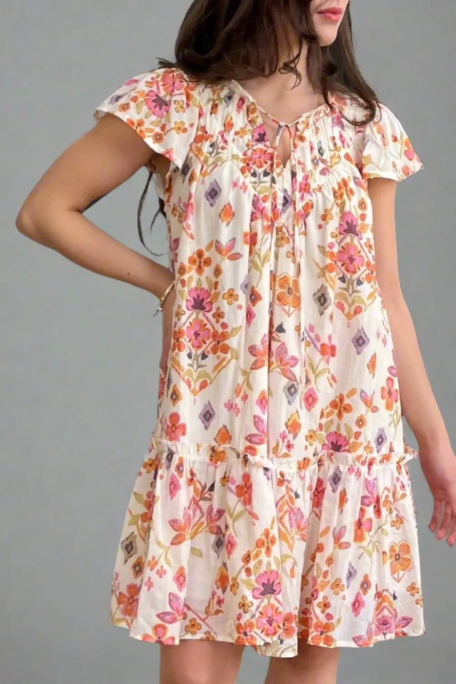 Apricot Floral Geometric Ruffled Flutter Sleeve Mini Dress Women UK