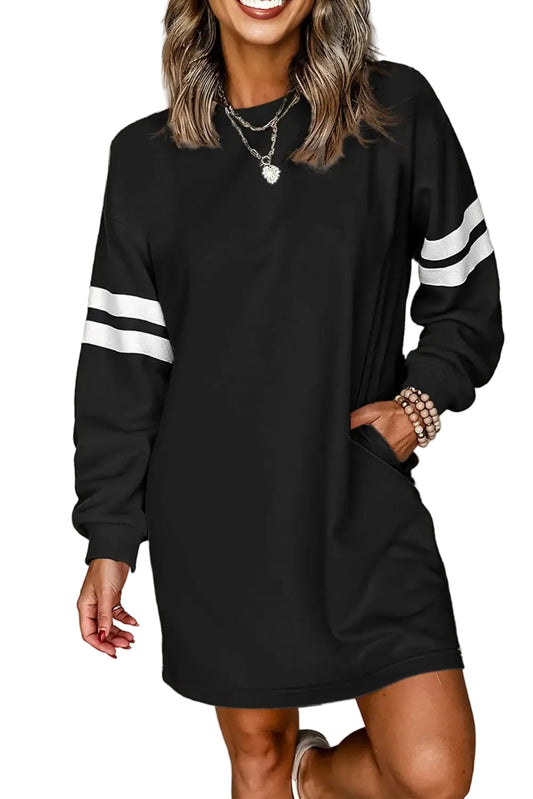 Black varsity contrast banded sleeve sweatshirt dress