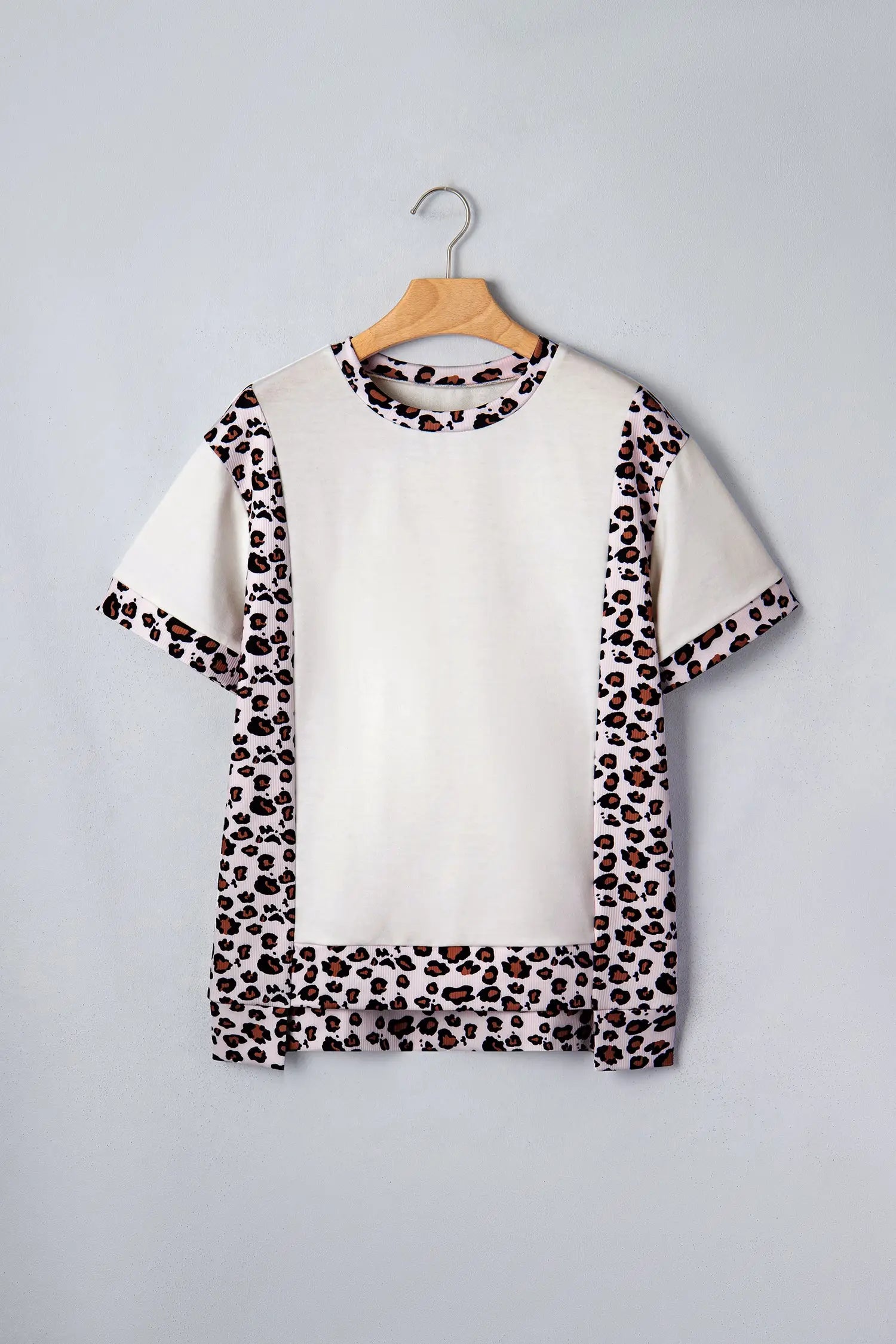 Ribbed leopard patchwork uneven hem t-shirt t-shirts