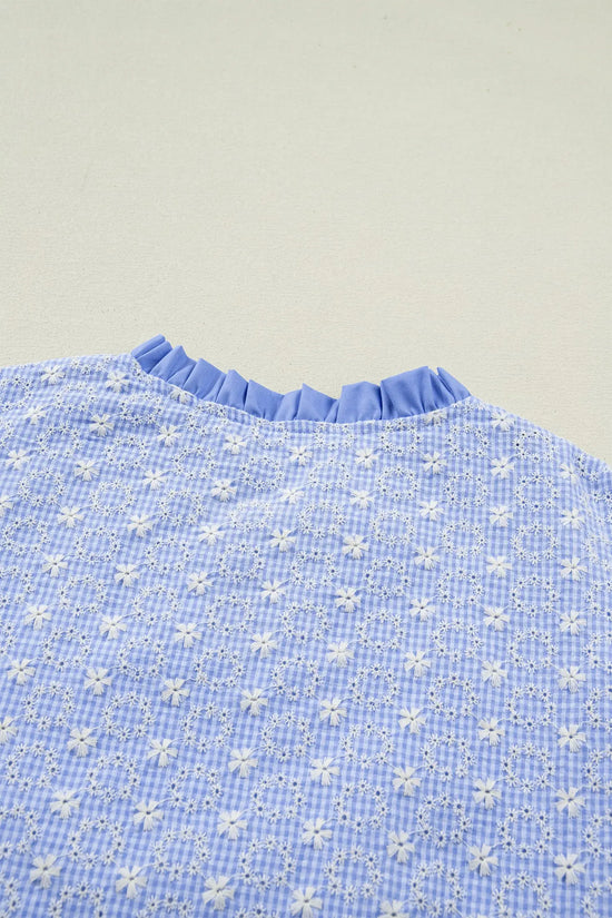 Eyelet embroidered flutter sleeve blouse with lace trim blouses