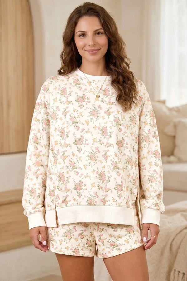 Beige floral print long sleeve top and shorts set back view — Fashionfitz UK