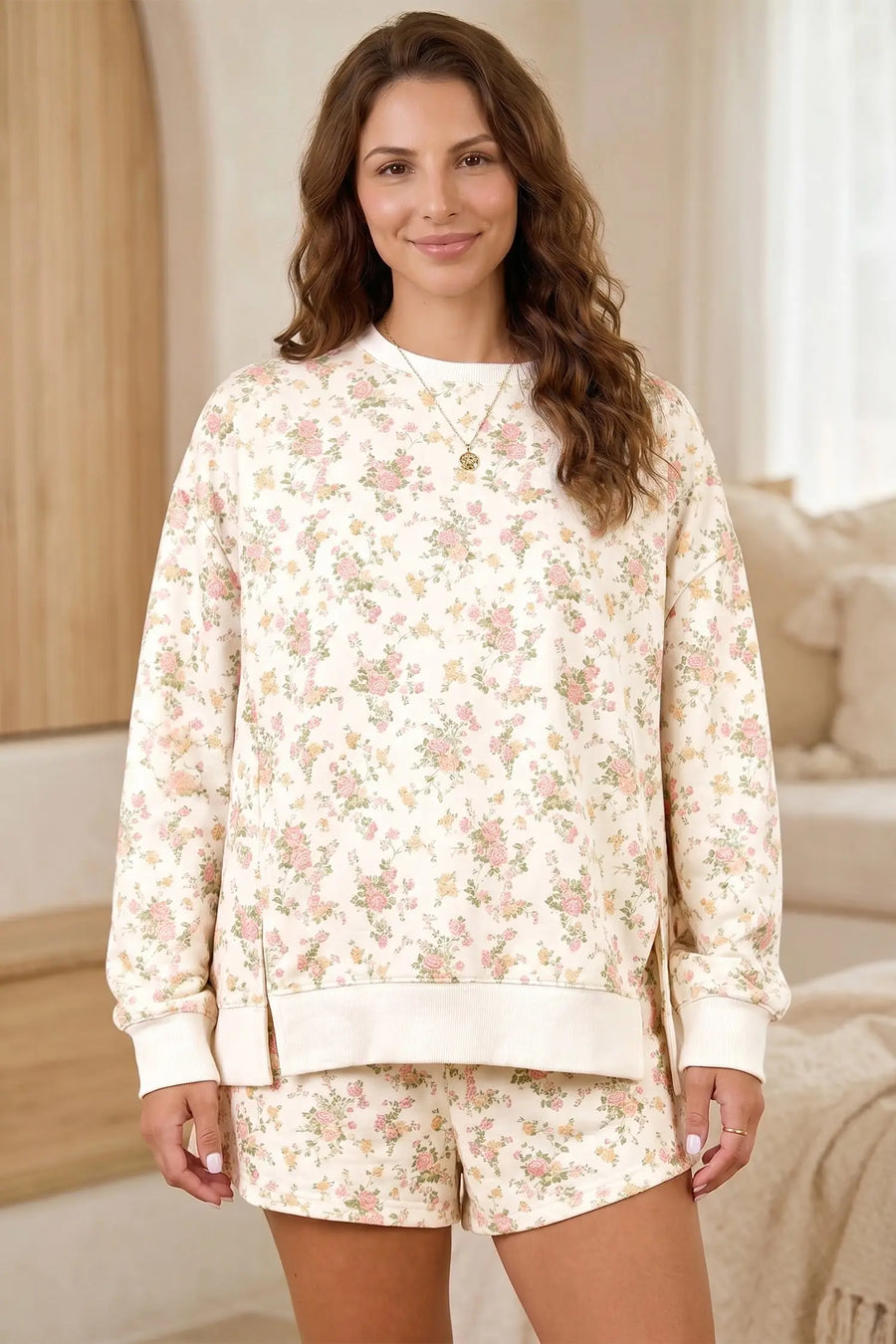 Beige floral print long sleeve top and shorts set back view — Fashionfitz UK