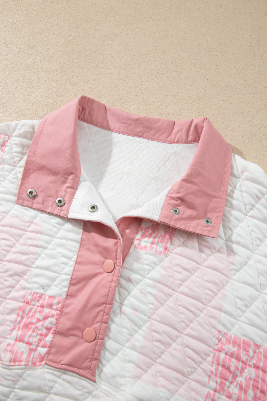 Pink Floral Quilted Half Button Pocketed Pullover Sweatshirt