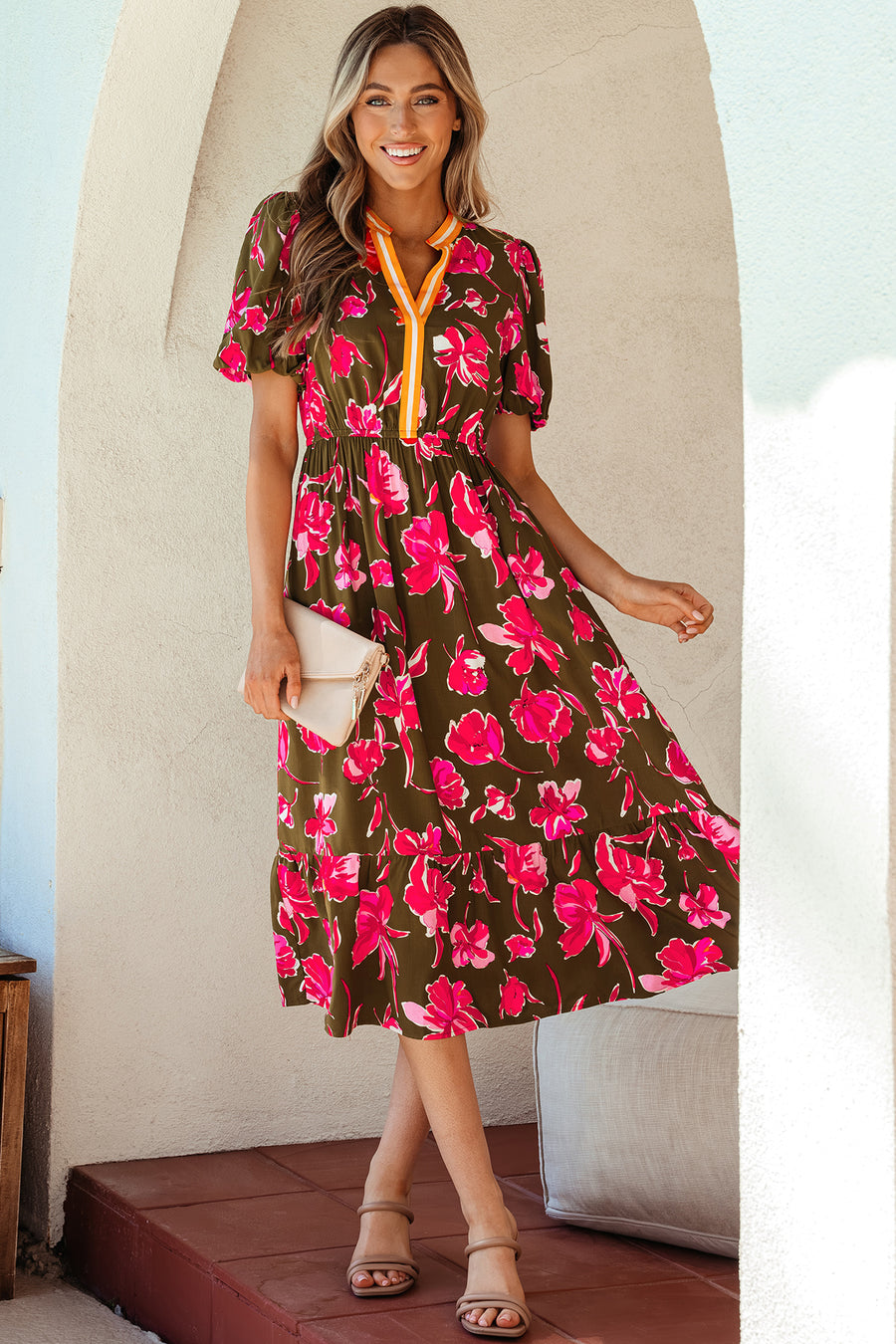 Green Floral Striped Trim Split Neck Puff Sleeve Maxi Dress Women UK — model shot