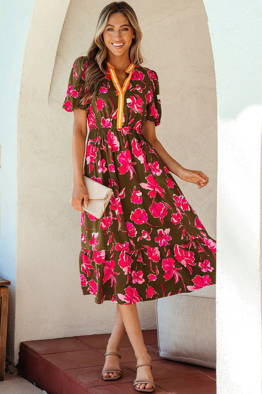 Green Floral Striped Trim Split Neck Puff Sleeve Maxi Dress Women UK — model shot