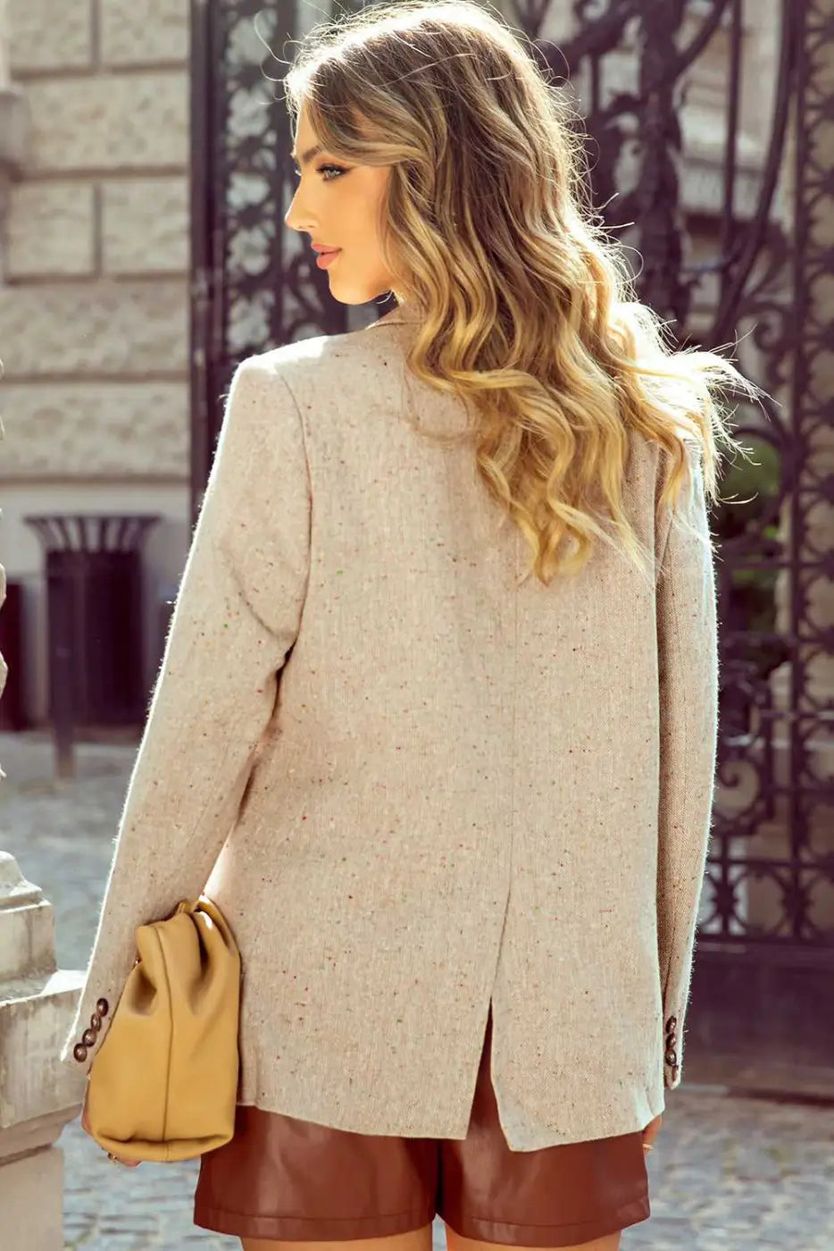 Back view of Ladies Light Beige Fitted Blazer - Casual Smart Office | FashionFitz showing tailored fit and center back vent for modern elegance.