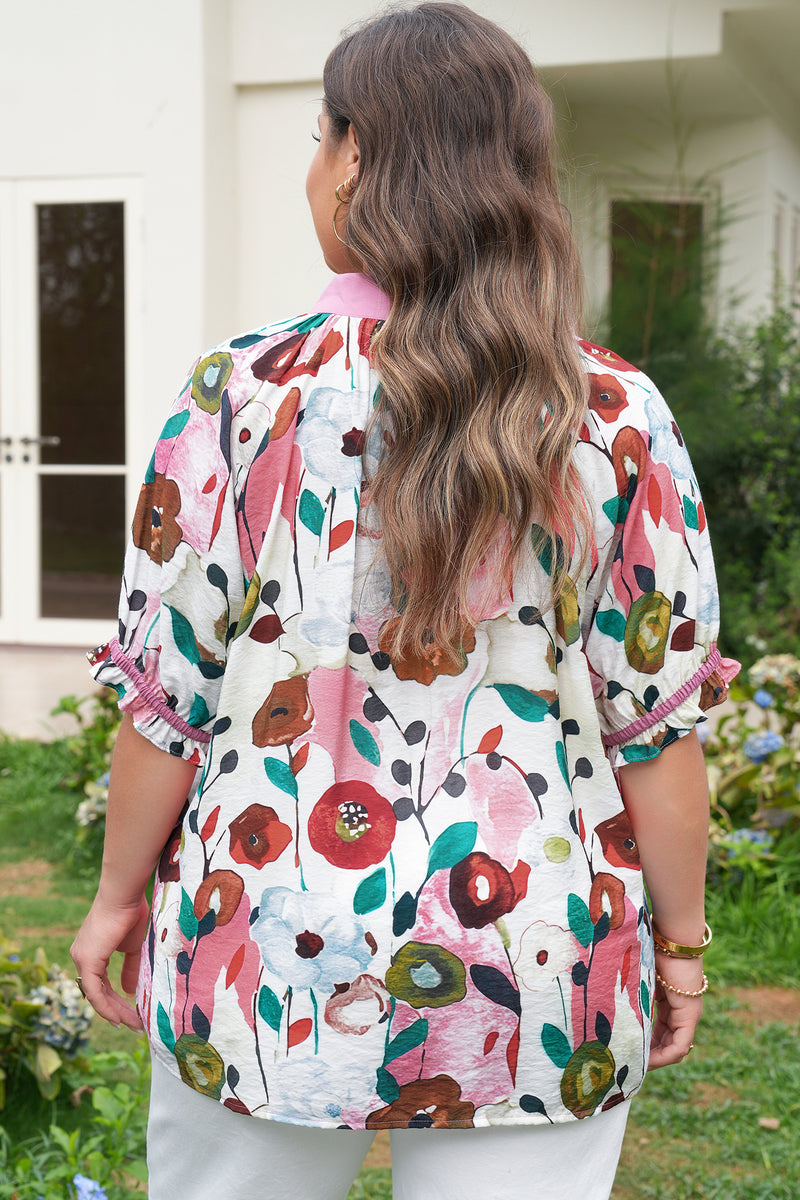 Back view of V neck puff sleeve floral plus size blouse