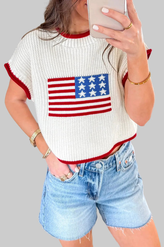 White flag print cropped short sleeve sweater