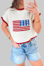 White American flag print cropped short sleeve knit sweater front view — Fashionfitz UK
