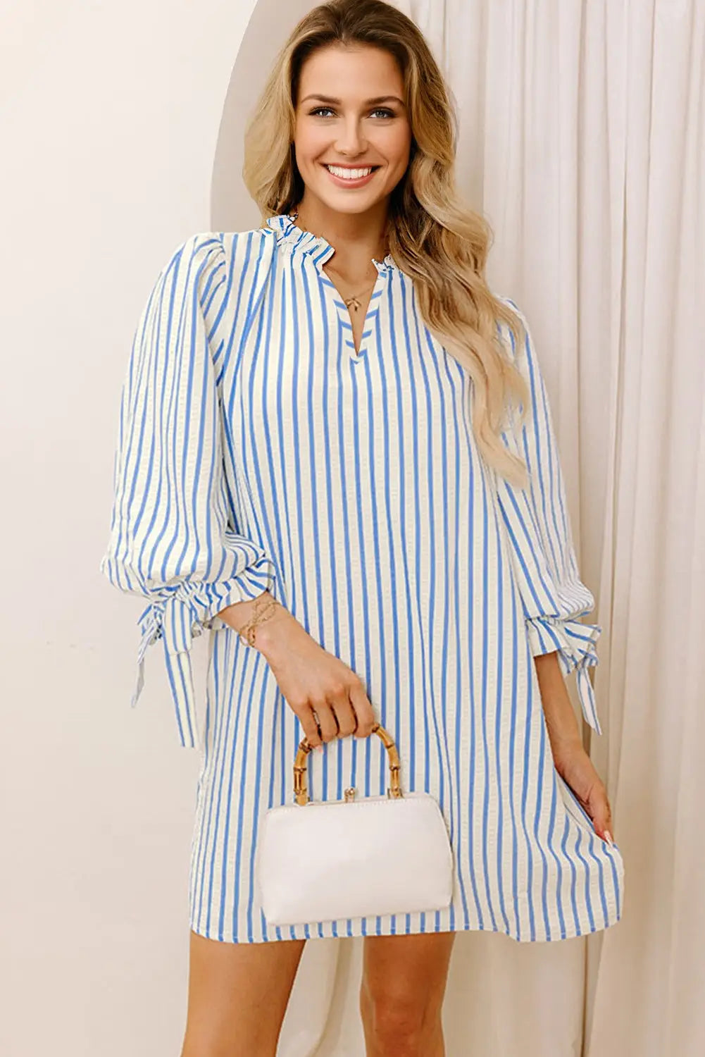 Sky blue stripe knotted sleeve notched shift mini dress