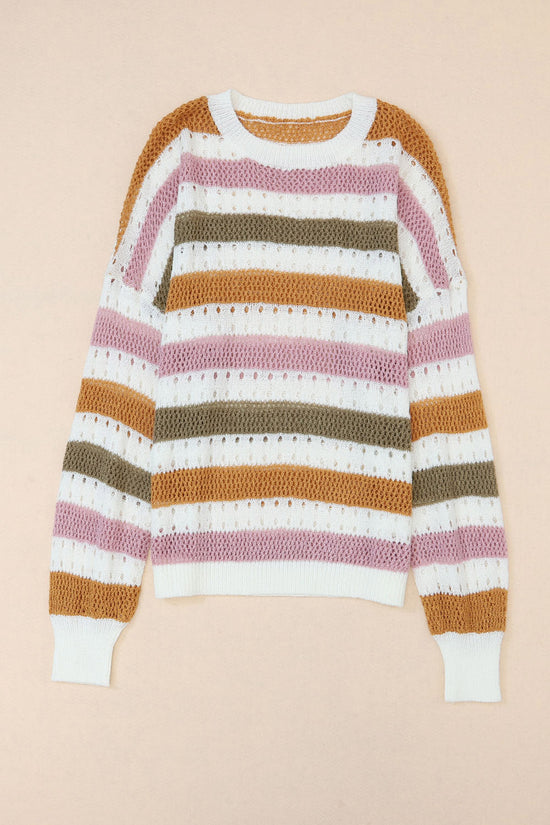 Knitted Loose Sweater - Striped Hollowed