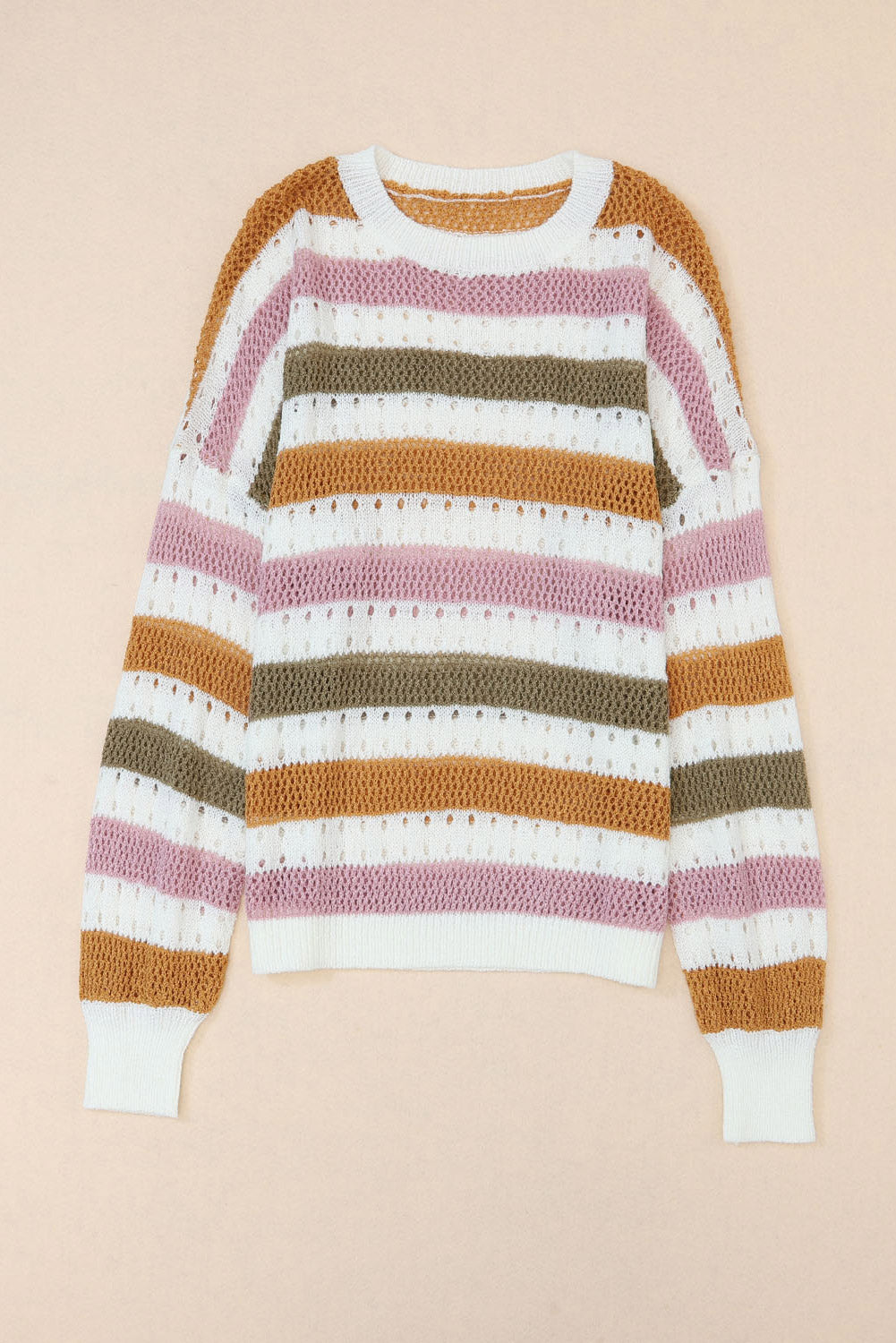 Knitted Loose Sweater - Striped Hollowed
