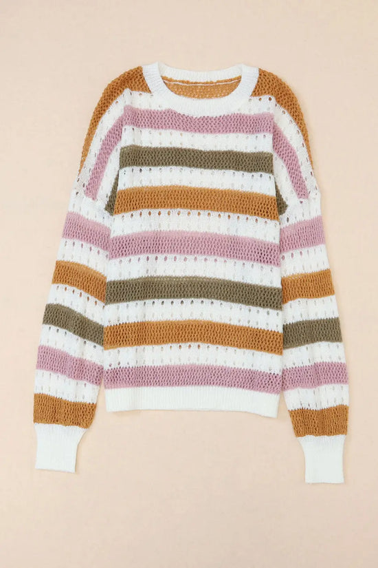 Chic multicolor striped hollow knit sweater | fashionfitz