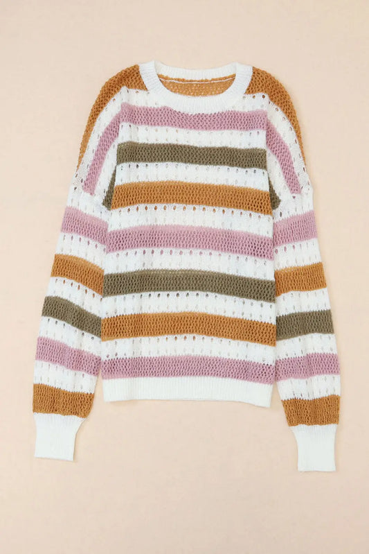 Chic multicolor striped hollow knit sweater | fashionfitz