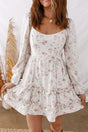 Pink Floral Long Sleeve Ruffle Detail Flared Mini Dress Women UK — front view