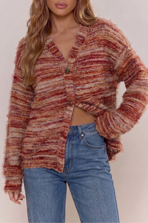 Tawny fuzzy cardigan UK side view with jeans