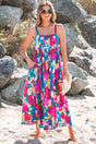 Dark Blue Floral High Waist Sleeveless Flared Maxi Dress Women UK — front view