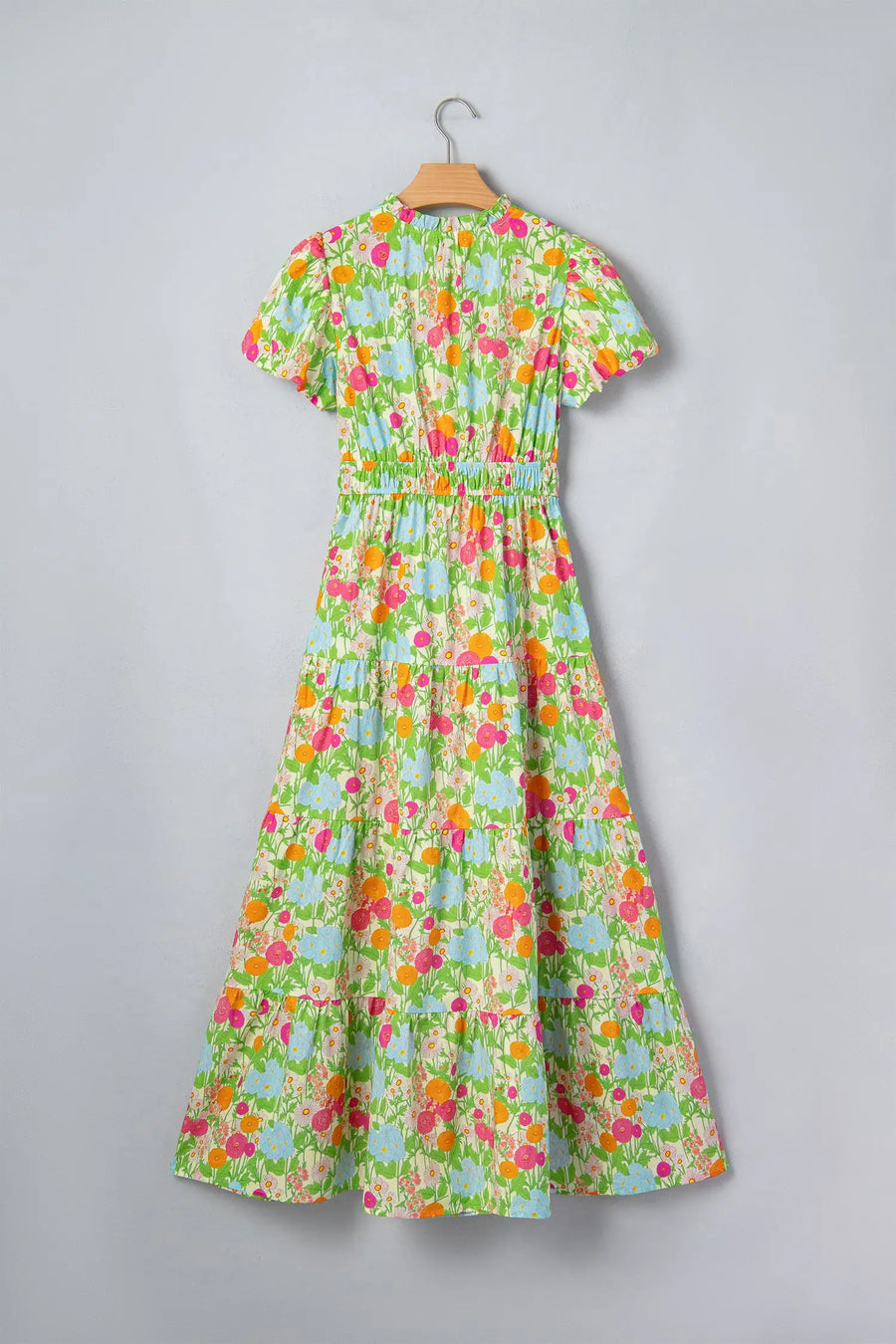 Green Floral V Neck Short Puff Sleeve Cotton Maxi Dress Women UK
