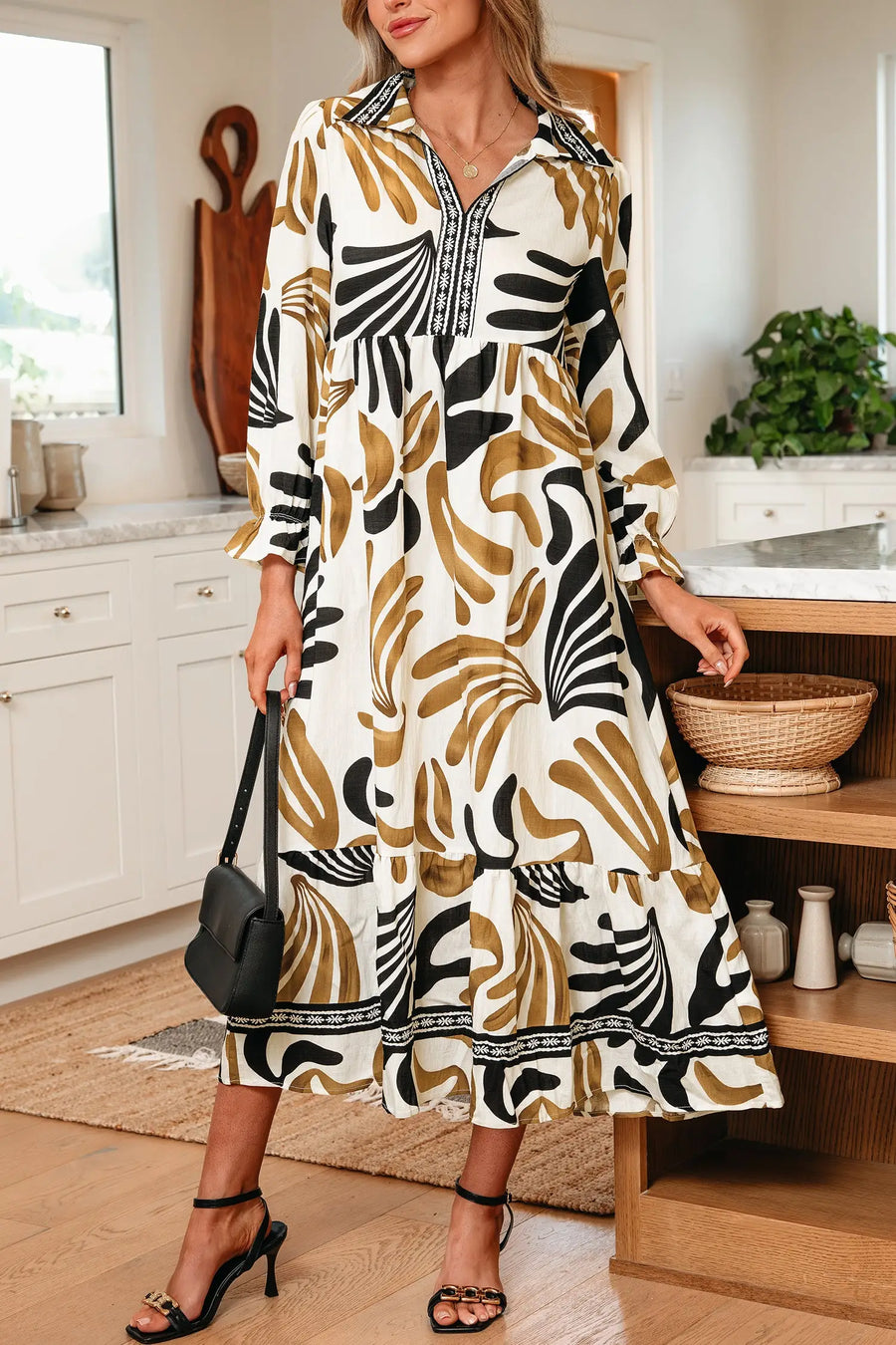 Brown Tropical Print Contrast Trim Long Sleeve Dress Women UK — model shot