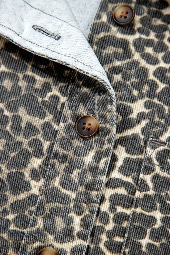 Gray Leopard Short Sleeve Denim Shirt
