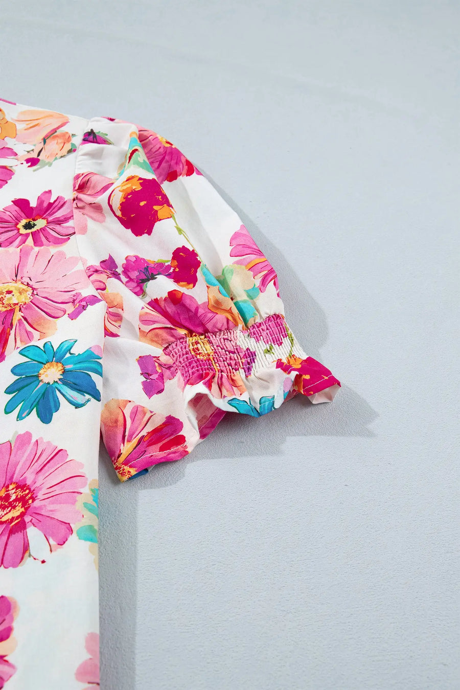 Women's floral blouse UK — relaxed fit, striped trim neckline close-up