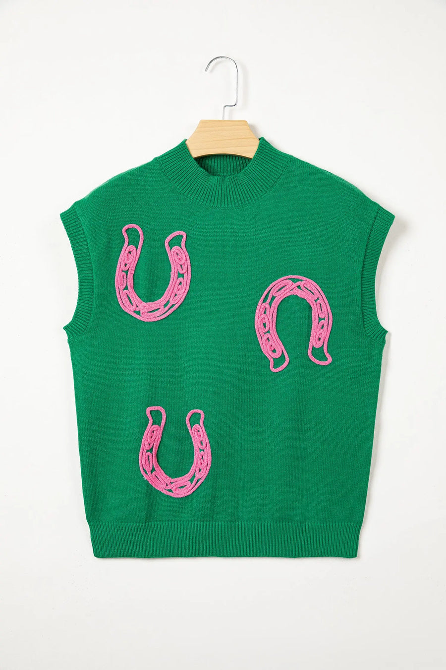 Corded horseshoe western sweater ribbed mock neck short sleeve loose knit sweaters