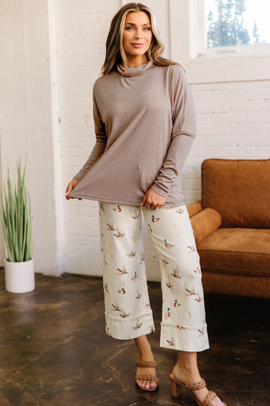 Smoke Grey High Neck Long Sleeve Loose Shift Blouse