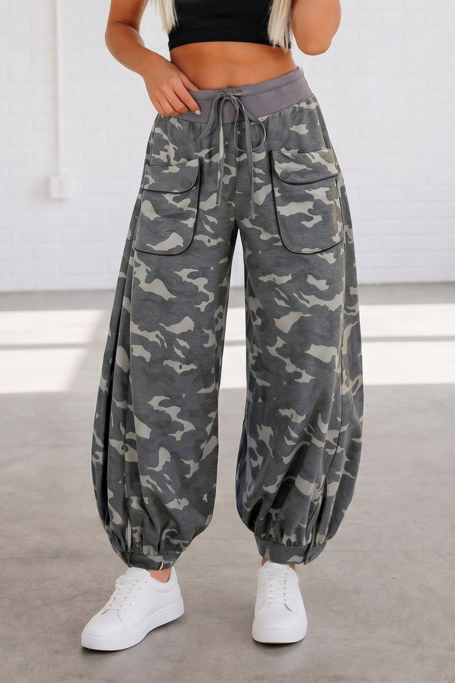 Camo Drawstring Contrast Waistband Cargo Barrel Pants — back view showing camo print and barrel leg construction — Fashionfitz