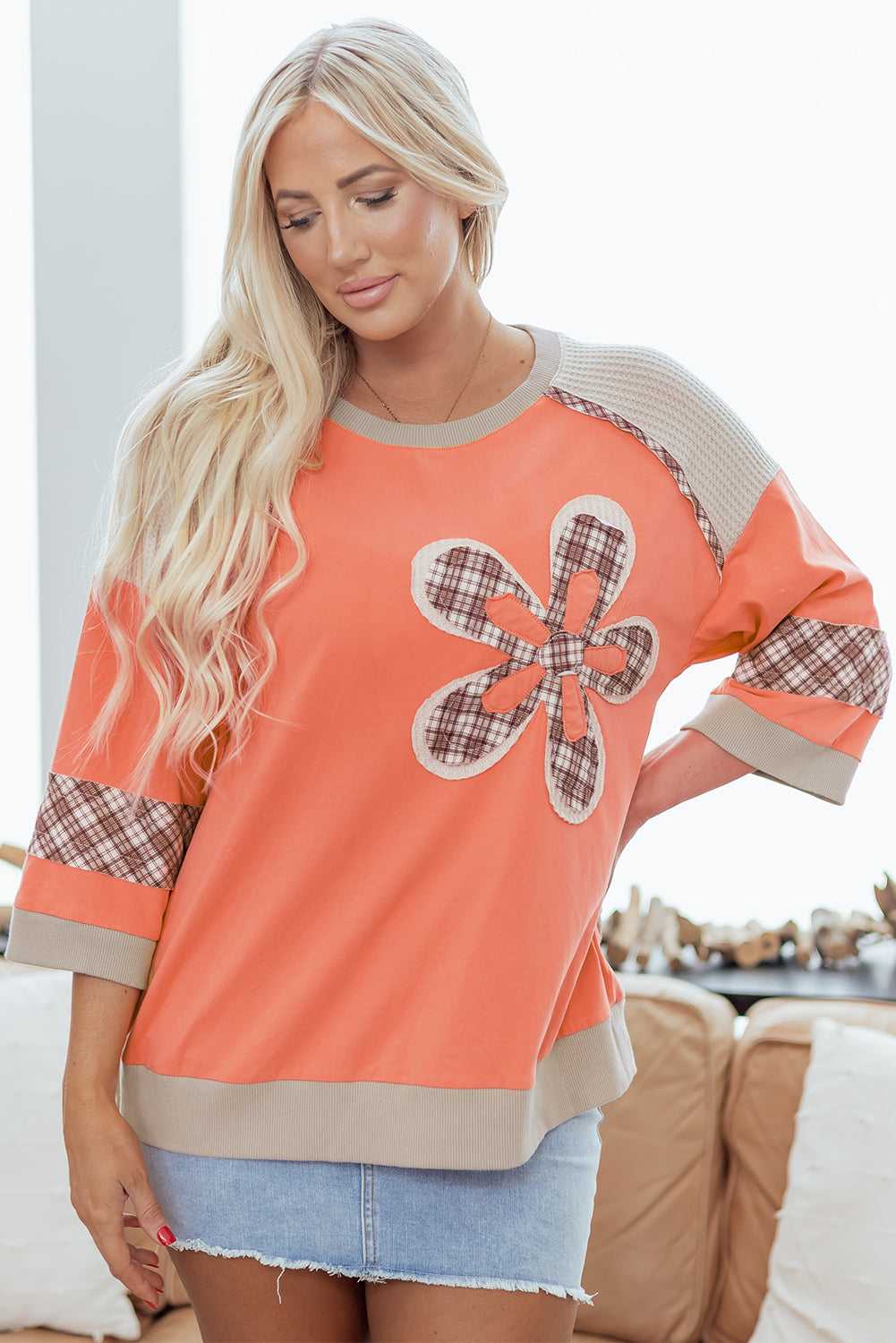 Orange Plaid Floral Top