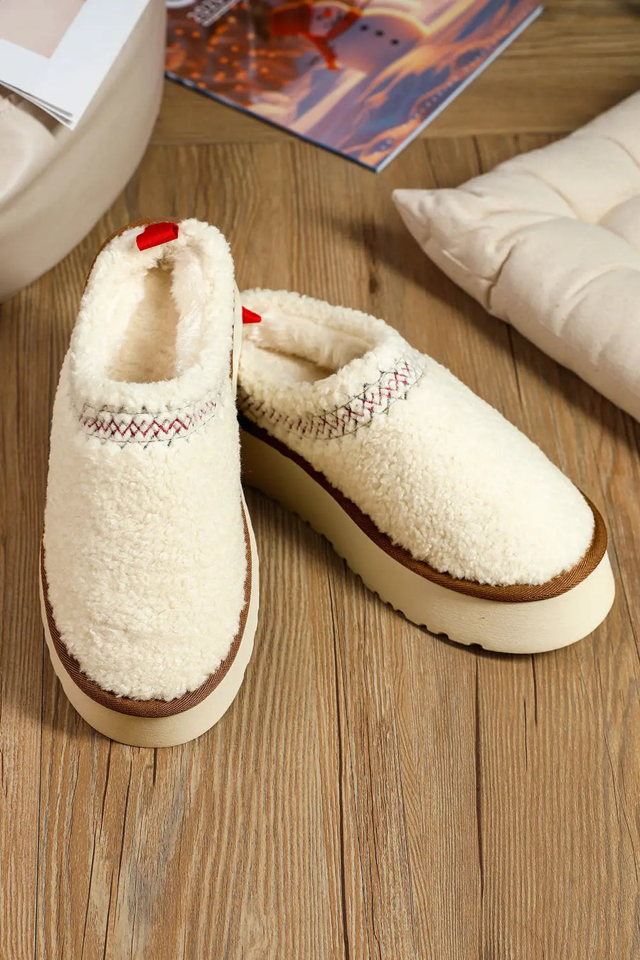 Embroidered sherpa plush winter slippers