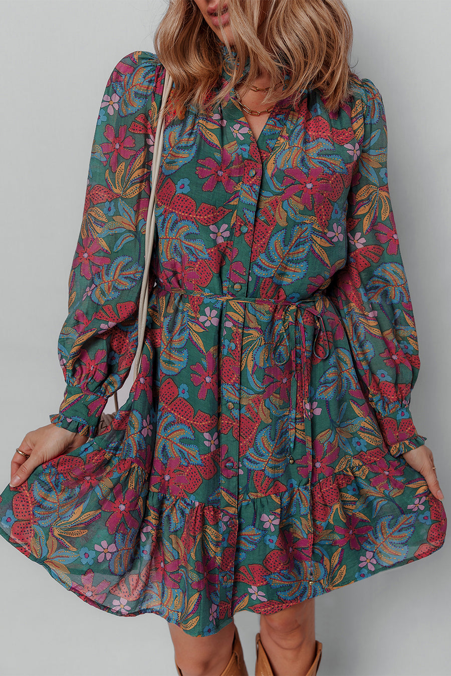 Green Floral Frill V Neck Puff Sleeve Ruffled Shirt Dress Women UK