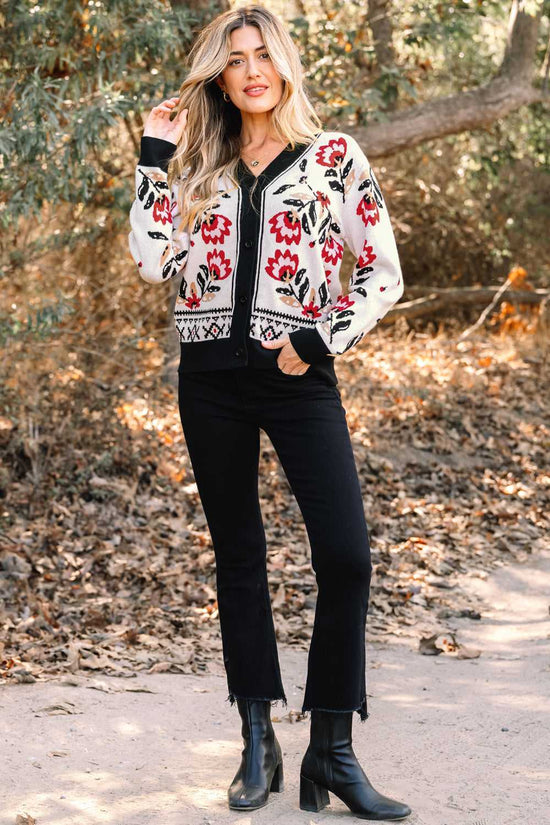 Floral Button-Up Knit Cardigan