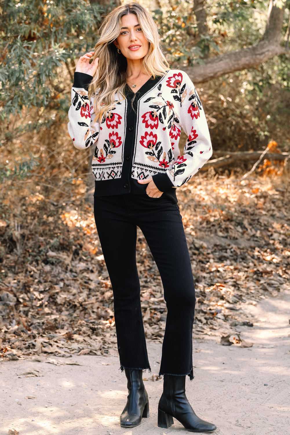 Floral Button-Up Knit Cardigan