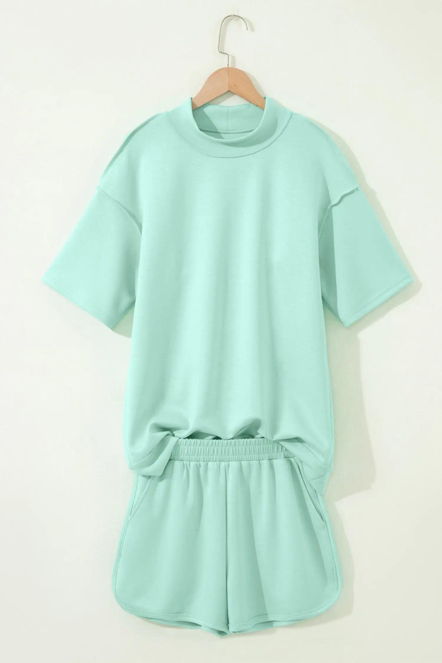 Exposed seam mock neck oversized tee shorts two piece set pockets outfit sets