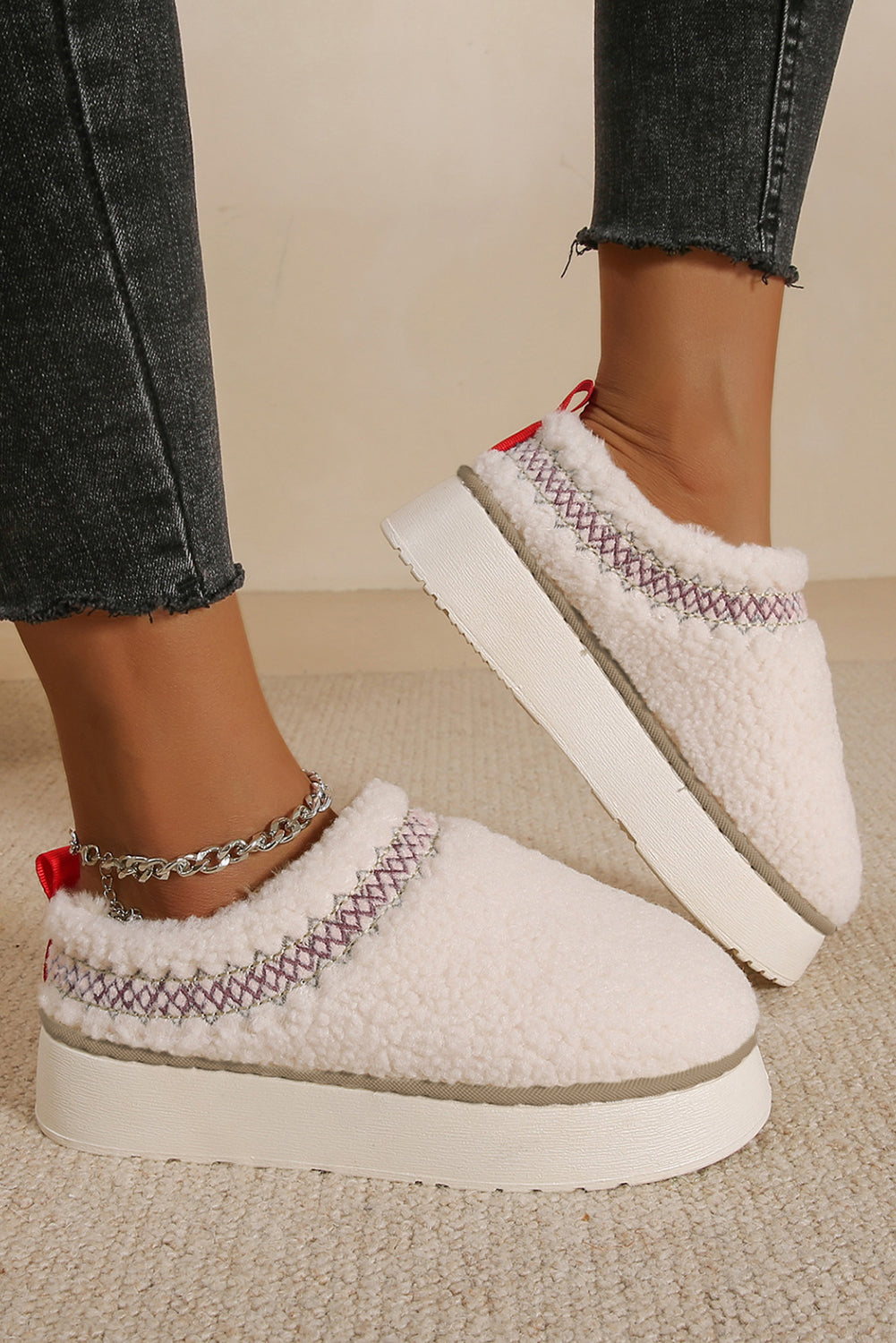 Embroidered Sherpa Plush Winter Slippers
