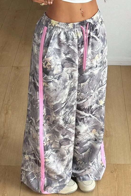 Gray camo woodland print wide leg sweatpants