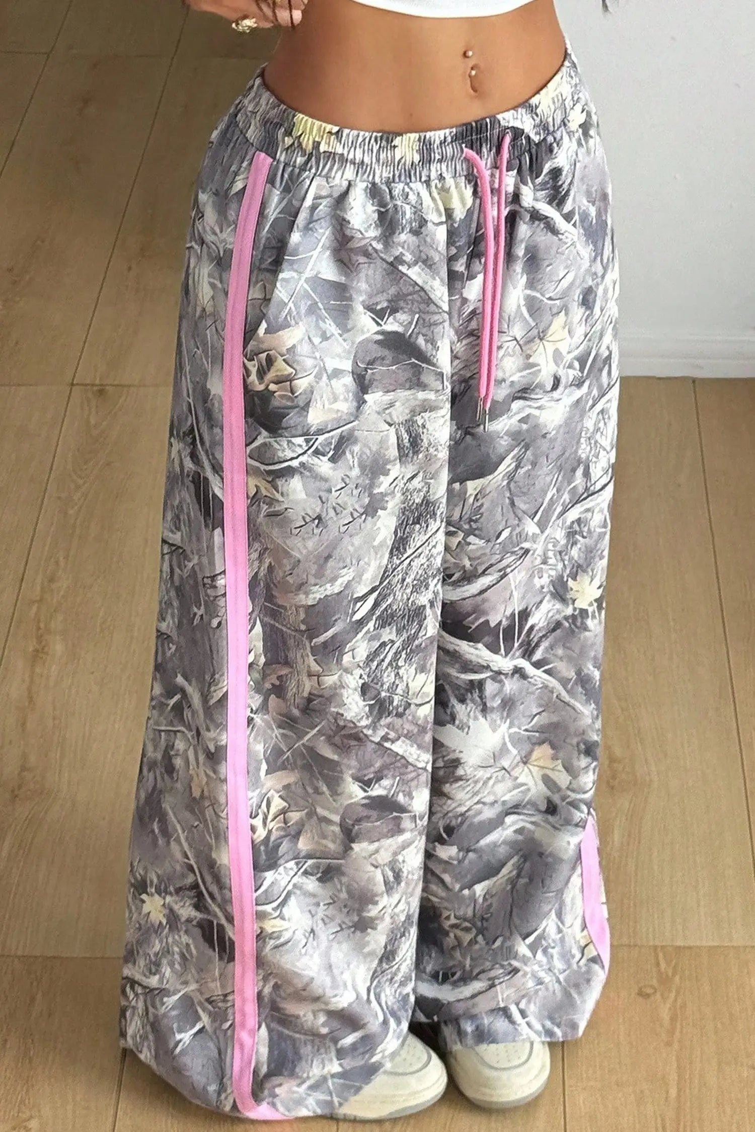 Gray camo woodland print wide leg sweatpants