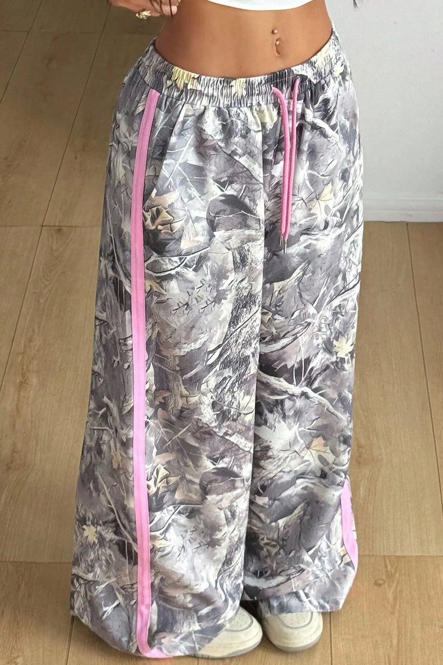 Gray camo woodland print wide leg sweatpants