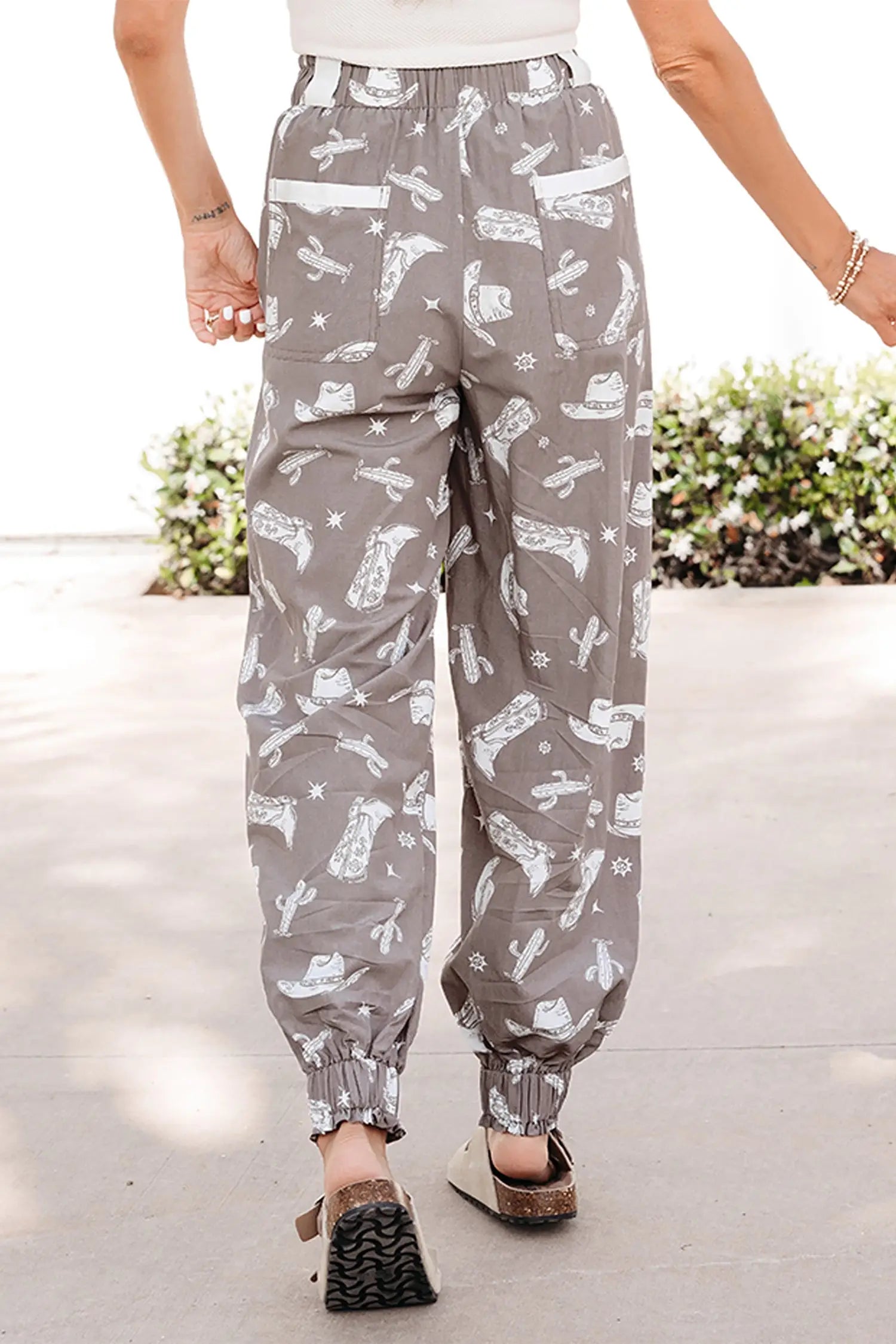 Western print vintage drawstring elastic hem jogger trousers with pockets joggers