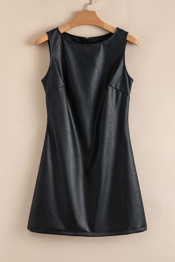Black Vegan Leather Sleeveless Mini Dress on hanger, highlighting its minimalist design and cruelty-free PU leather material from FashionFitz.