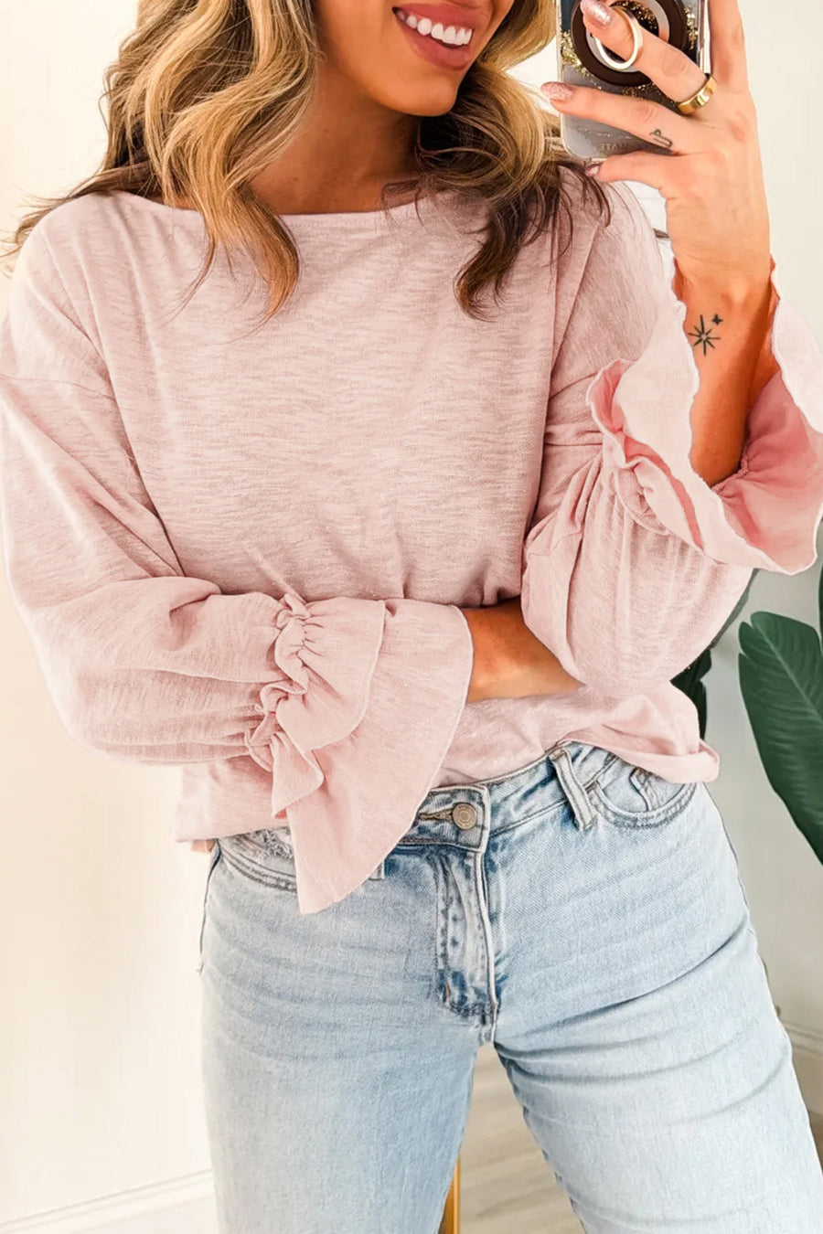 Pink Ruffle Sleeve Long Sleeve Loose Pullover Top Women UK