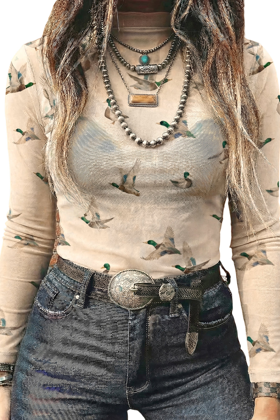 Western Print Mesh Sheer Long Sleeve Top Women UK