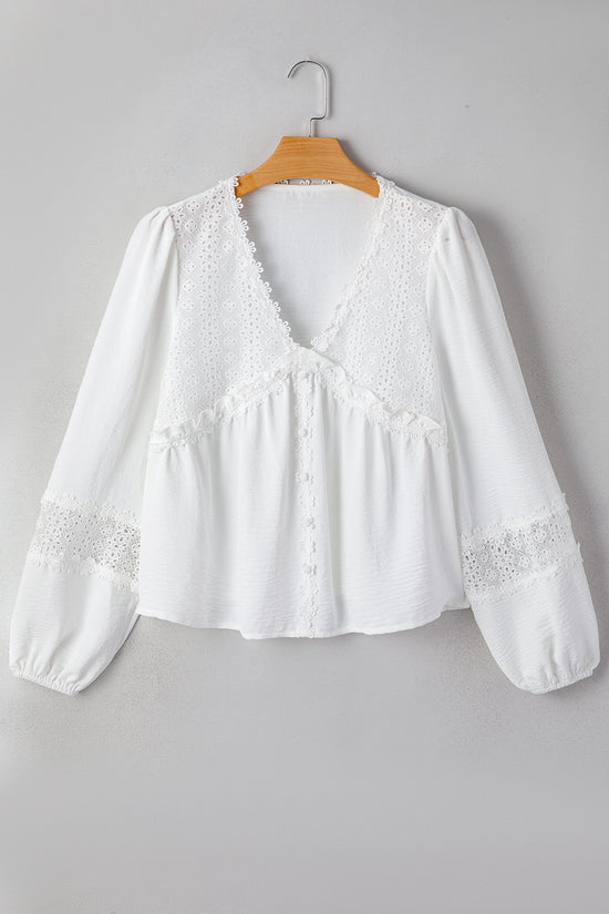 White Guipure Lace Frill Sleeve Blouse