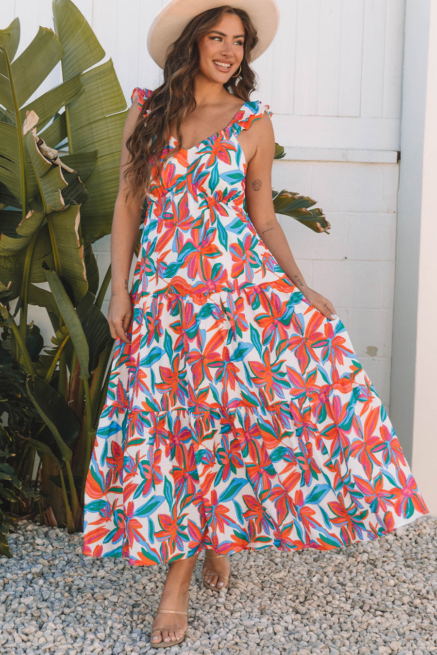 Red Boho Floral Ruffled Strap V Neck Maxi Dress Women UK