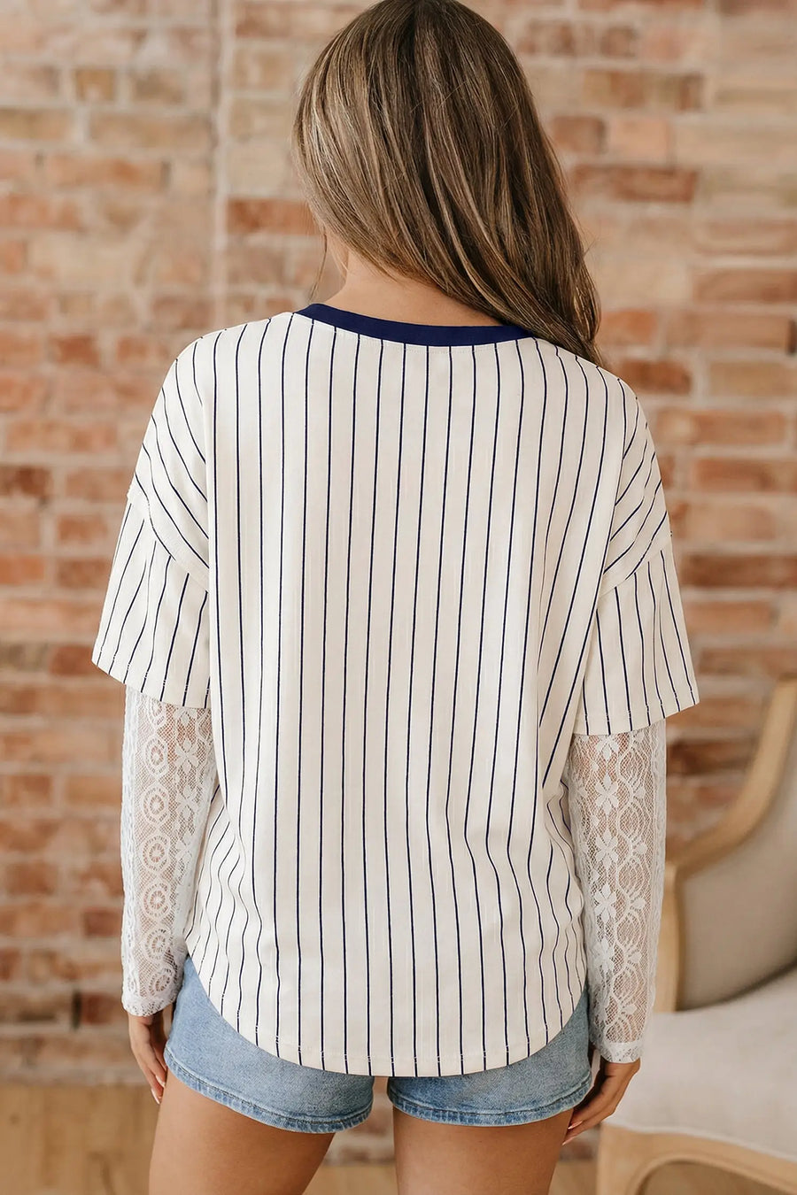 Blue Stripe 88 LOS ANGEL Lace Patchwork V Neck Top Women UK