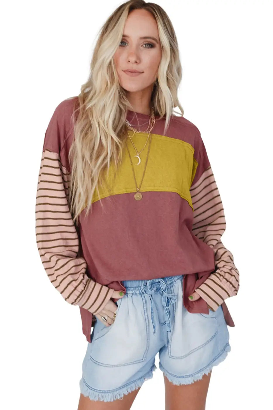 Green colorblock bishop sleeve top - striped casual chic